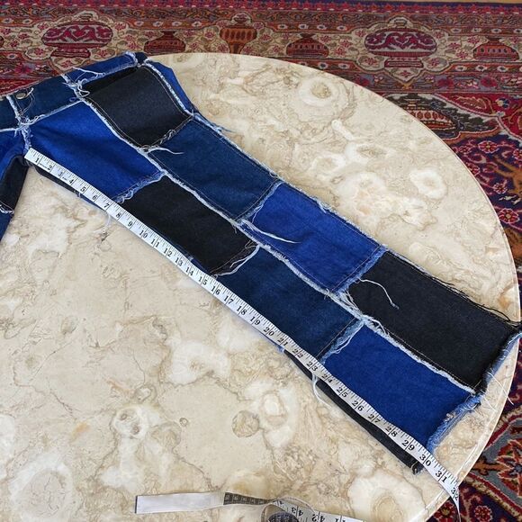 Shein Patchwork Distressed Black & Blue Denim High Waist Button Fly Flare Jeans - Picture 14 of 16